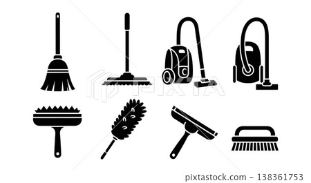 Black Solid Household Cleaning Tools Silhouettes Set of Six on White Background Black Solid Household Cleaning Tools Silhouettes Set of Six on White Background 138361753