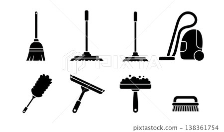 Black Solid Household Cleaning Tools Silhouettes Set of Six on White Background Black Solid Household Cleaning Tools Silhouettes Set of Six on White Background 138361754