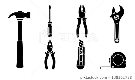 Black Solid Household Tools Silhouettes Set of Six on White Background 138361758