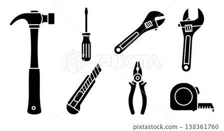 Black Solid Household Tools Silhouettes Set of Six on White Background 138361760