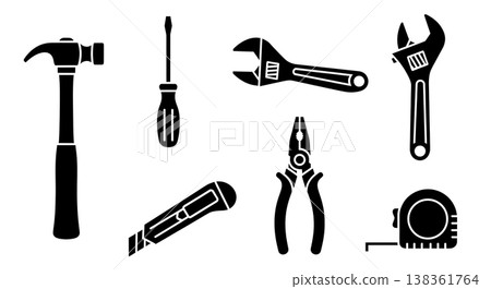 Black Solid Household Tools Silhouettes Set of Six on White Background Black Solid Household Tools Silhouettes Set of Six on White Background 138361764