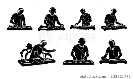 Black Solid House DJ Silhouettes Set of Six on White Background Black Solid House DJ Silhouettes Set of Six on White Background 138361771