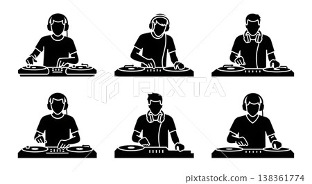 Black Solid House DJ Silhouettes Set of Six on White Background Black Solid House DJ Silhouettes Set of Six on White Background 138361774