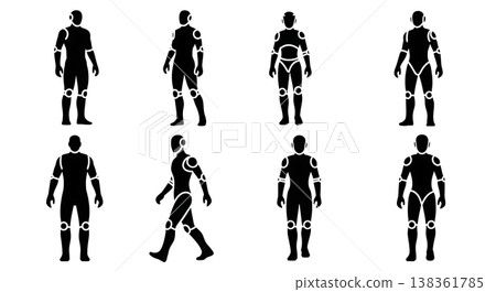 Black Solid Humanoid Robot Silhouettes Set of Six on White Background 138361785