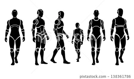 Black Solid Humanoid Robot Silhouettes Set of Six on White Background Black Solid Humanoid Robot Silhouettes Set of Six on White Background 138361786