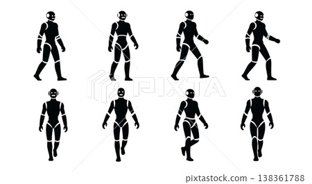 Black Solid Humanoid Robot Silhouettes Set of Six on White Background Black Solid Humanoid Robot Silhouettes Set of Six on White Background 138361788