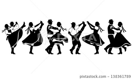 Black Solid Hungarian Csardas Silhouettes Set of Six on White Background 138361789