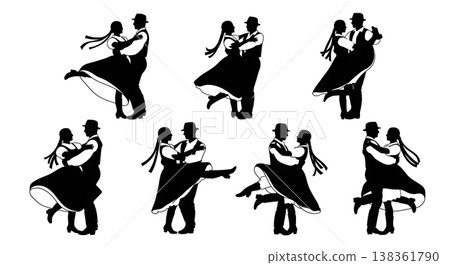 Black Solid Hungarian Csardas Silhouettes Set of Six on White Background Black Solid Hungarian Csardas Silhouettes Set of Six on White Background 138361790