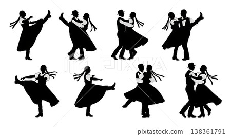 Black Solid Hungarian Csardas Silhouettes Set of Six on White Background 138361791