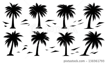 Black Solid Hurricane Palm Debris Silhouettes Set of Six on White Background Black Solid Hurricane Palm Debris Silhouettes Set of Six on White Background 138361793
