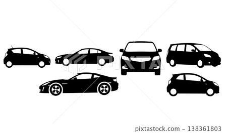 Black Solid Modern Hybrid Cars and Fuel-Efficient Vehicles Silhouettes Set of Six on White Background 138361803