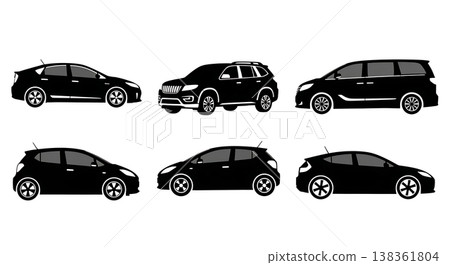 Black Solid Modern Hybrid Cars and Fuel-Efficient Vehicles Silhouettes Set of Six on White Background Black Solid Modern Hybrid Cars and Fuel-Efficient Vehicles Silhouettes Set of Six on White Background 138361804