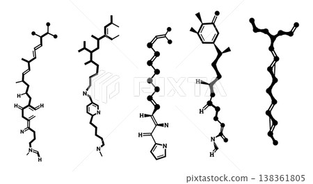 Black Solid Hydrocarbon Chain Molecular Silhouettes Set of Six on White Background Black Solid Hydrocarbon Chain Molecular Silhouettes Set of Six on White Background 138361805