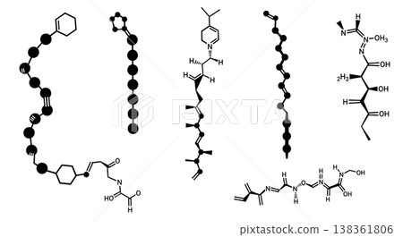 Black Solid Hydrocarbon Chain Molecular Silhouettes Set of Six on White Background Black Solid Hydrocarbon Chain Molecular Silhouettes Set of Six on White Background 138361806
