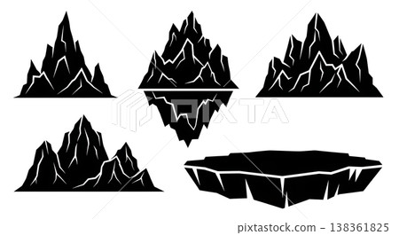 Set of Six Unique Black Solid Iceberg and Glacier Silhouettes Set of Six Unique Black Solid Iceberg and Glacier Silhouettes 138361825
