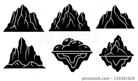 Set of Six Unique Black Solid Iceberg and Glacier Silhouettes Set of Six Unique Black Solid Iceberg and Glacier Silhouettes 138361826