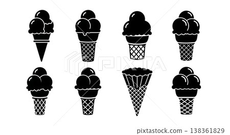 Black Solid Ice Cream Cone Silhouettes Set of Six on White Background Black Solid Ice Cream Cone Silhouettes Set of Six on White Background 138361829