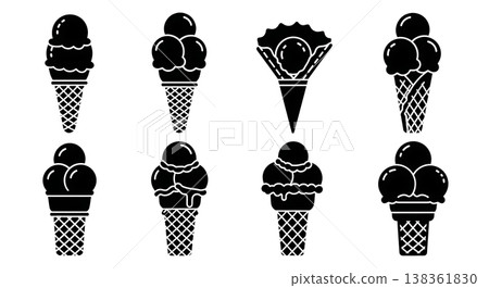 Black Solid Ice Cream Cone Silhouettes Set of Six on White Background Black Solid Ice Cream Cone Silhouettes Set of Six on White Background 138361830