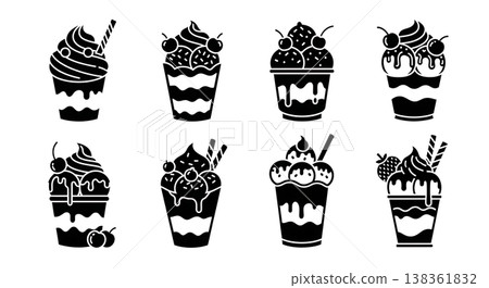 Black Solid Ice Cream Dessert Cups Silhouettes Set of Six on White Background Black Solid Ice Cream Dessert Cups Silhouettes Set of Six on White Background 138361832