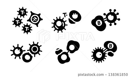 Black Solid Immune Cell Silhouettes Set of Six on White Background Black Solid Immune Cell Silhouettes Set of Six on White Background 138361850