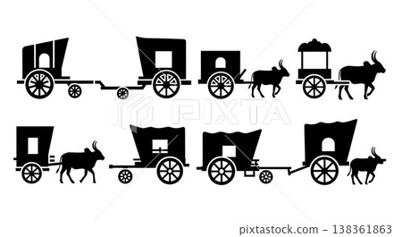 Black Solid Traditional Indian Bullock Carts and Tongas Silhouettes Set of Six on White Background 138361863
