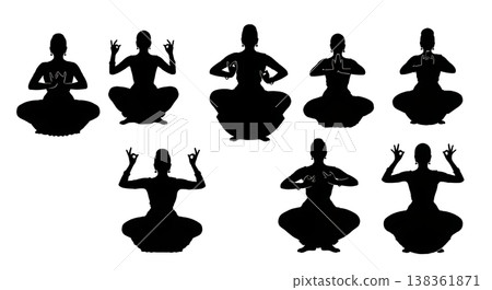 Black Solid Indian Classical Dance Silhouettes Set of Six on White Background Black Solid Indian Classical Dance Silhouettes Set of Six on White Background 138361871