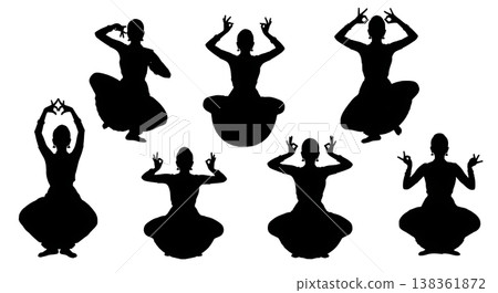 Black Solid Indian Classical Dance Silhouettes Set of Six on White Background Black Solid Indian Classical Dance Silhouettes Set of Six on White Background 138361872