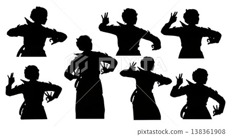 Black Solid Indonesian Legong Dance Silhouettes Set of Six on White Background Black Solid Indonesian Legong Dance Silhouettes Set of Six on White Background 138361908