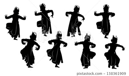 Black Solid Indonesian Legong Dance Silhouettes Set of Six on White Background Black Solid Indonesian Legong Dance Silhouettes Set of Six on White Background 138361909