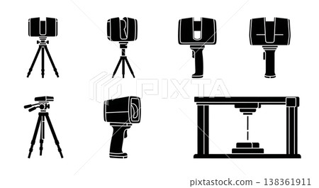 Black Solid 3D Scanner Silhouettes Set of Six on White Background Black Solid 3D Scanner Silhouettes Set of Six on White Background 138361911