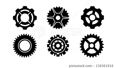 Black Solid Industrial Gear Silhouettes Set of Six on White Background 138361918