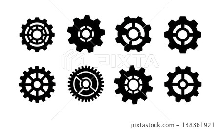 Black Solid Industrial Gear Silhouettes Set of Six on White Background Black Solid Industrial Gear Silhouettes Set of Six on White Background 138361921
