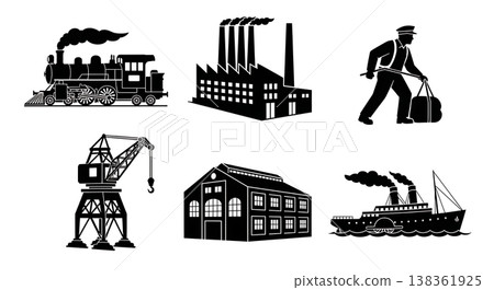 Black Solid Industrial Revolution Silhouettes Set of Six on White Background Black Solid Industrial Revolution Silhouettes Set of Six on White Background 138361925