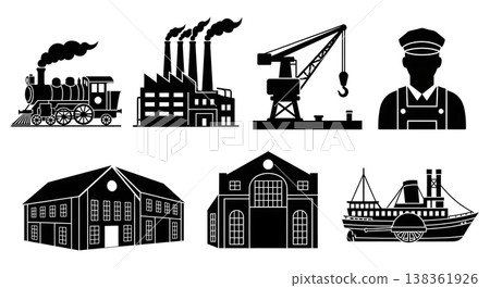 Black Solid Industrial Revolution Silhouettes Set of Six on White Background 138361926