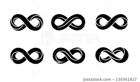 Black Solid Infinity Loop Silhouettes Set of Six on White Background 138361927