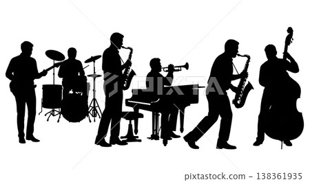 Black Solid Instrument Players Silhouettes Set of Six on White Background 138361935