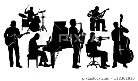 Black Solid Instrument Players Silhouettes Set of Six on White Background Black Solid Instrument Players Silhouettes Set of Six on White Background 138361936
