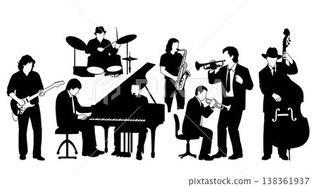 Black Solid Instrument Players Silhouettes Set of Six on White Background Black Solid Instrument Players Silhouettes Set of Six on White Background 138361937