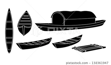 Black Solid Traditional Inuit Kayaks and Sleds Silhouettes Set of Six on White Background Black Solid Traditional Inuit Kayaks and Sleds Silhouettes Set of Six on White Background 138361947