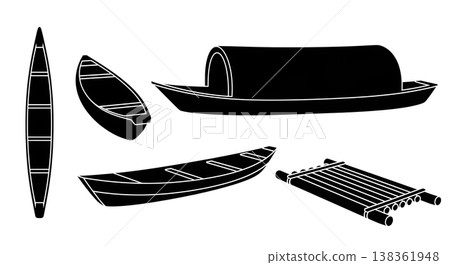 Black Solid Traditional Inuit Kayaks and Sleds Silhouettes Set of Six on White Background Black Solid Traditional Inuit Kayaks and Sleds Silhouettes Set of Six on White Background 138361948