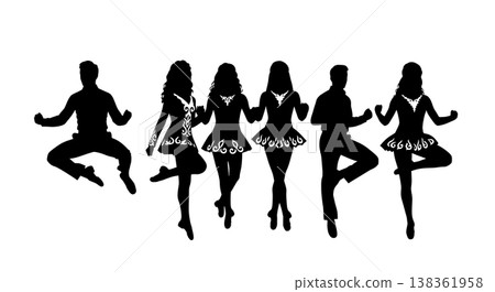 Black Solid Irish Step Dance Silhouettes Set of Six on White Background 138361958