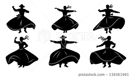 Black Solid Italian Tarantella Dance Silhouettes Set of Six on White Background Black Solid Italian Tarantella Dance Silhouettes Set of Six on White Background 138361981