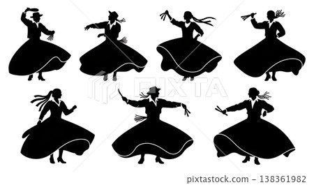 Black Solid Italian Tarantella Dance Silhouettes Set of Six on White Background 138361982