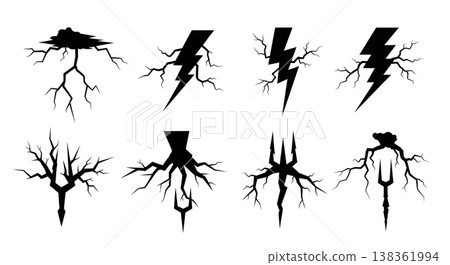Black Solid Jagged Lightning Silhouettes Set of Six on White Background Black Solid Jagged Lightning Silhouettes Set of Six on White Background 138361994