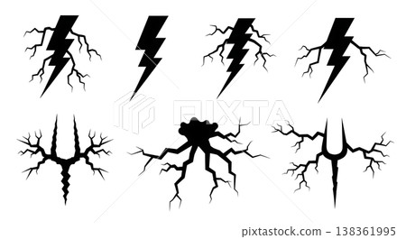Black Solid Jagged Lightning Silhouettes Set of Six on White Background Black Solid Jagged Lightning Silhouettes Set of Six on White Background 138361995