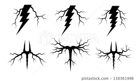 Black Solid Jagged Lightning Silhouettes Set of Six on White Background Black Solid Jagged Lightning Silhouettes Set of Six on White Background 138361996