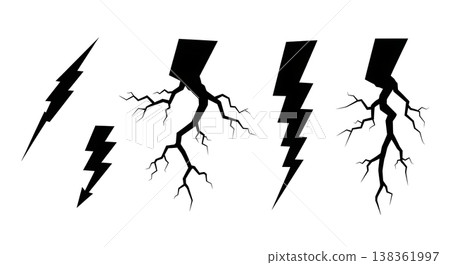 Black Solid Jagged Lightning Silhouettes Set of Six on White Background Black Solid Jagged Lightning Silhouettes Set of Six on White Background 138361997