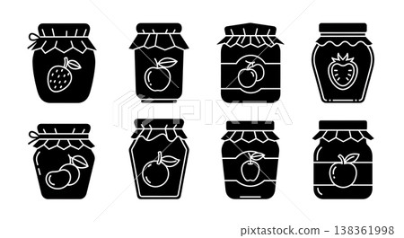 Black Solid Jam and Jelly Jars Silhouettes Set of Six on White Background Black Solid Jam and Jelly Jars Silhouettes Set of Six on White Background 138361998