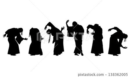 Black Solid Japanese Butoh Dance Silhouettes Set of Six on White Background 138362005