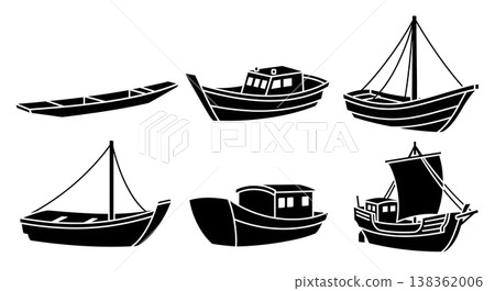 Black Solid Traditional Japanese Fishing Boats and Small Vessels Silhouettes Set of Six on White Background 138362006